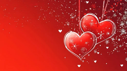 Red Christmas Hearts with Snowflakes and Ribbons.