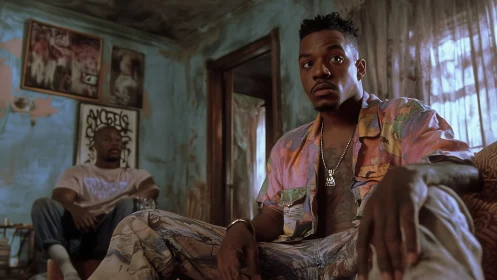 Living room pause between friends in a sun-faded refuge.