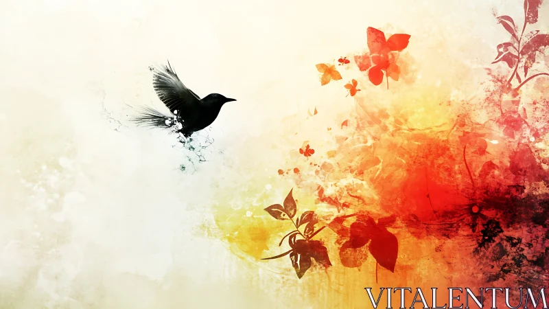 Black bird glides through vivid abstract floral light burst.