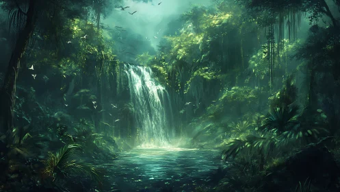 Mystical Jungle Waterfall with Luminous Canopy and Ethereal Light
