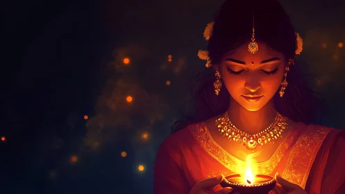 Elegant Indian woman holding Diwali lamp in vibrant digital art.