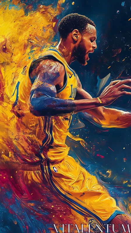 Electric basketball motion painted in bold, fiery color.