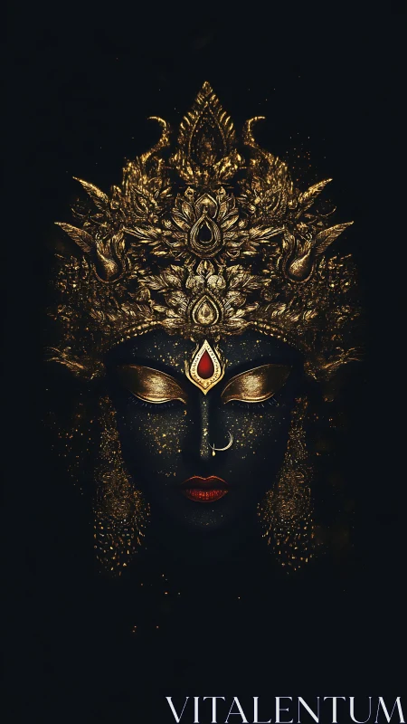 Gilded celestial goddess face glows against deep black void.
