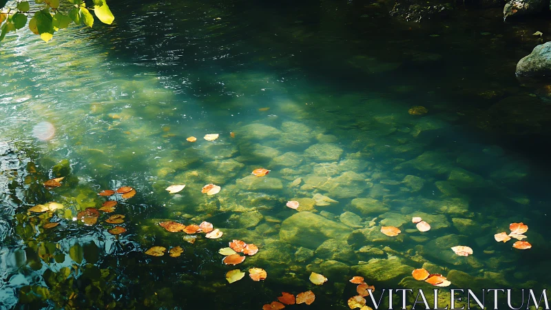 Autumn leaves floating on clear shallow river water.