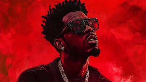 Bold hip-hop portrait glows against intense red clouds background.