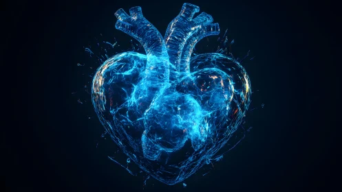 Digital Water Heart Illustration with Blue Neon Effects.