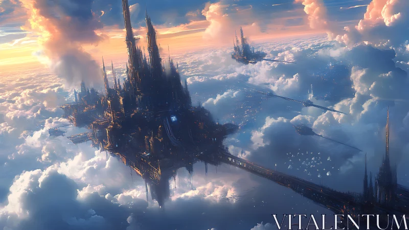 Floating neo-gothic megastructure in luminous cloudscape.