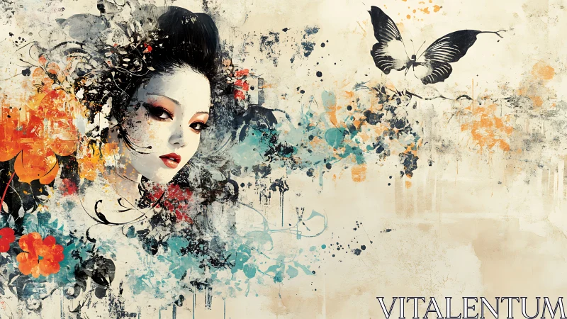 Ink-splashed geisha dream with drifting butterfly silence.