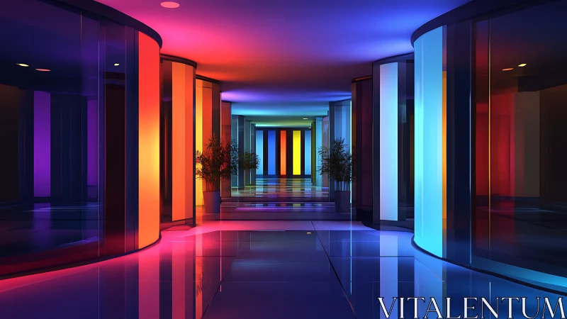Vibrant neon glass hallway glows with futuristic ambience