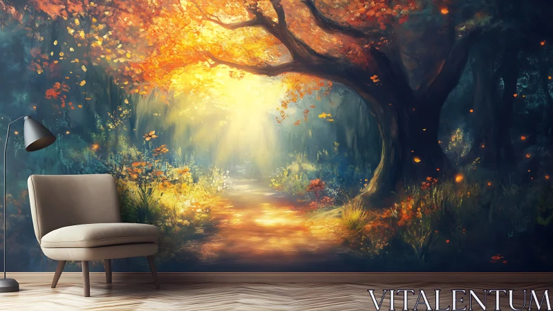 Forest mural with glowing autumn path behind modern chair.