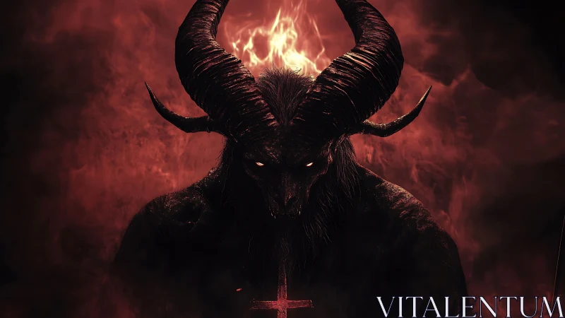 Horned demonic figure stands in red smoke with burning halo