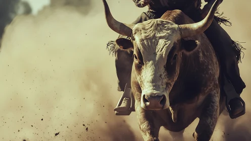 Dynamic rodeo bull charge under cinematic dust clouds.