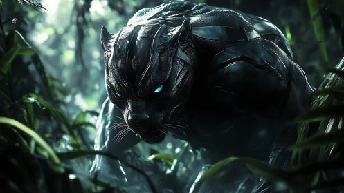Cybernetic panther predator in bioluminescent jungle canopy.