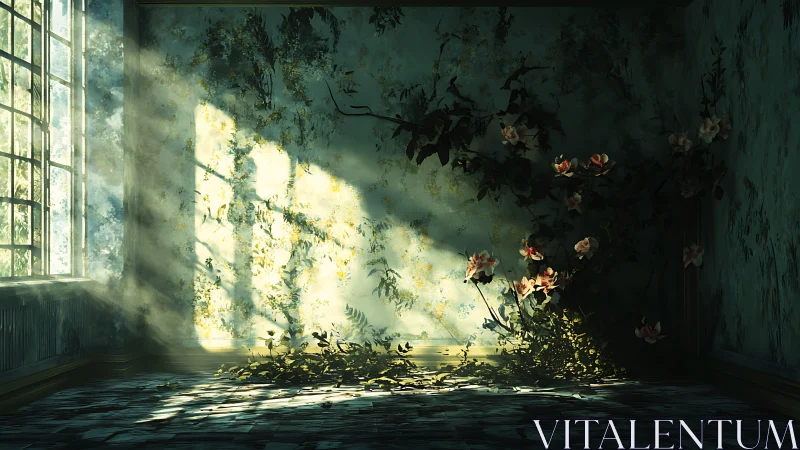 Sunlit overgrown interior renders poetic botanical decay