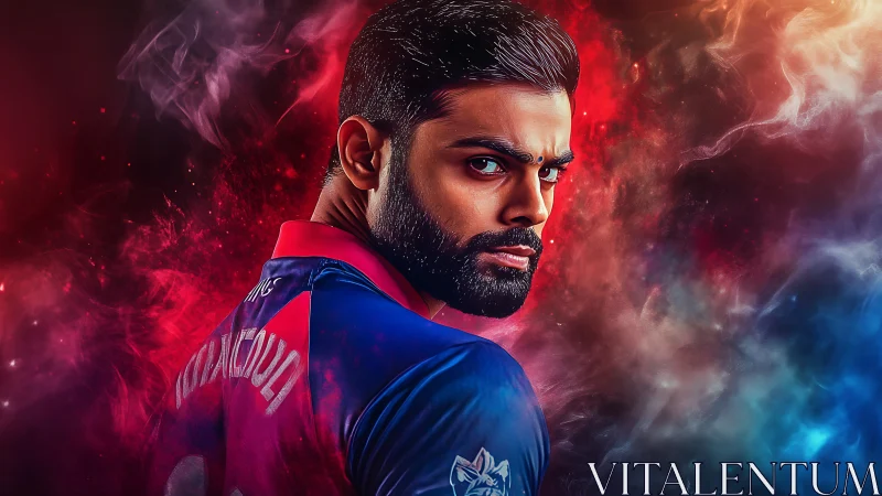 Cosmic cricket warrior framed in blazing red and blue haze.