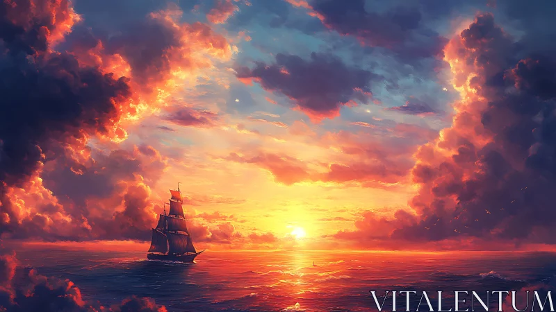 Sunbound tall ship glides through a storm-painted twilight sea.