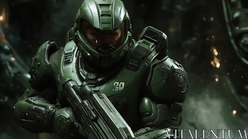 Tactical sci fi infantry in olive powered armor with rifle ready