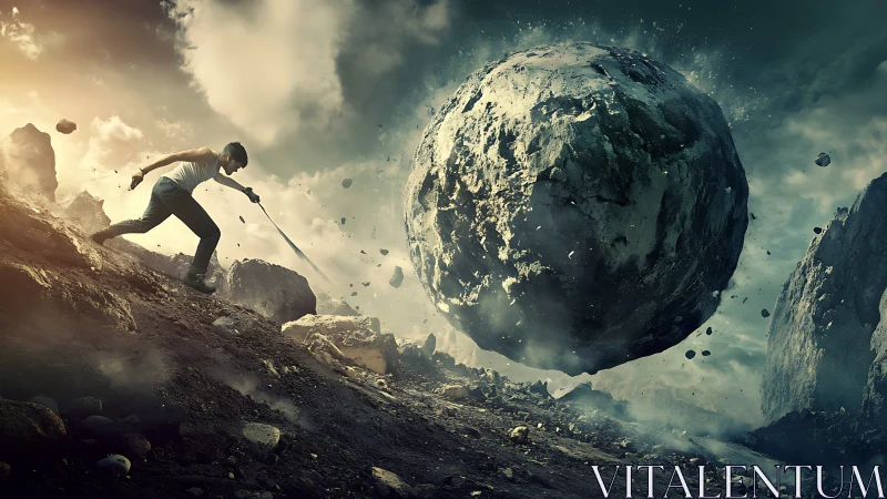 Warrior defies colossal floating boulder on stormy ridge.