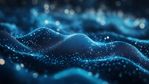 Blue digital wave field with glowing particle grid surface.