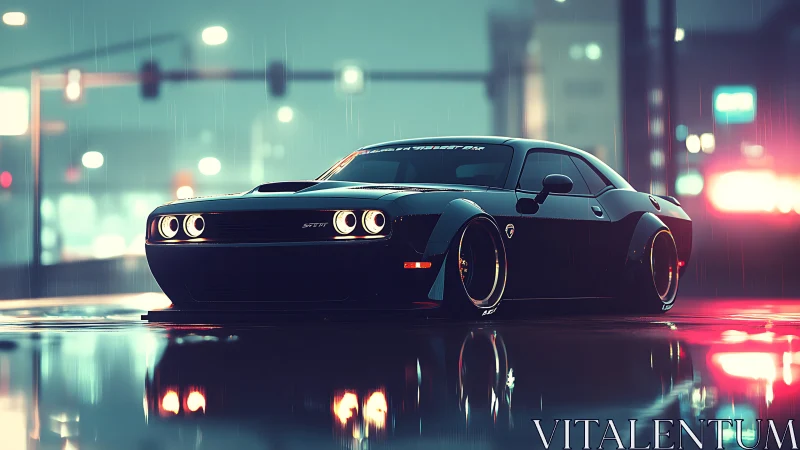Low-slung widebody muscle car rendered in neon-lit rainy street