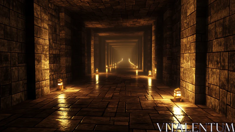 Stone corridor with lanterns and linear perspective depth.