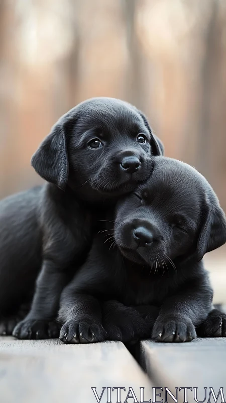 Black labrador puppies rest close together on wooden boards
