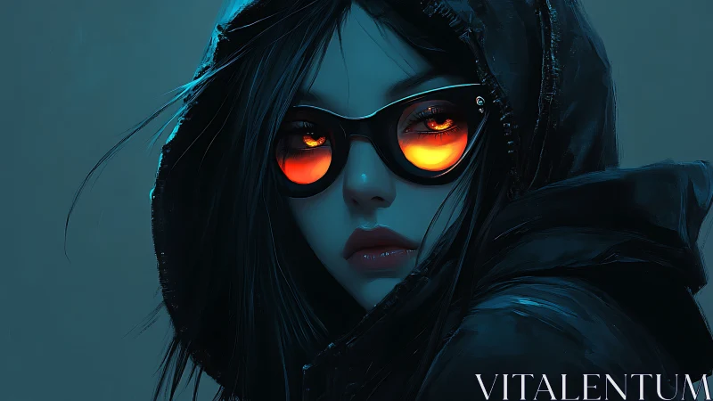 Hooded woman in dark coat with glowing orange glasses.