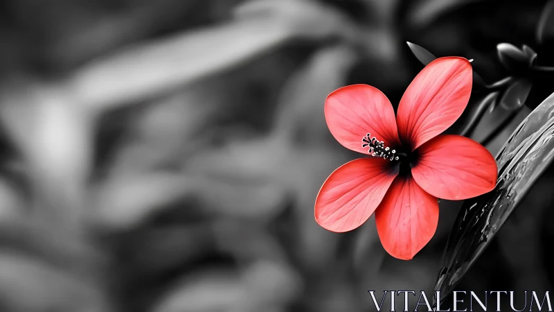 Single coral flower glows gently against soft gray garden