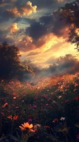 Sunlit wildflower meadow under dramatic evening clouds.