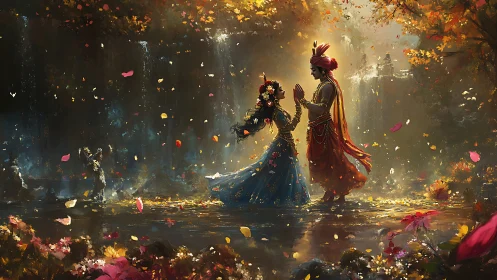 Mythic couple illuminated in a waterfall grove with drifting petals