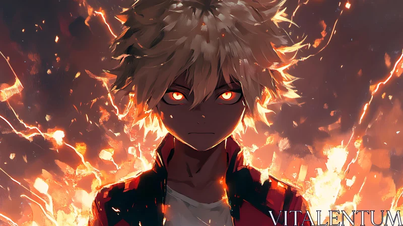 Young figure stands amid stylized flames with intense gaze