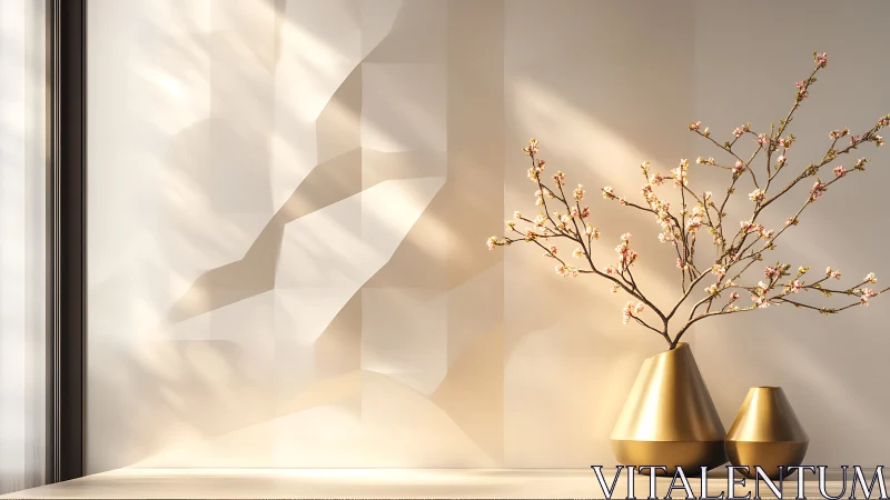 Photorealistic still life with gold vases and geometric wall lightplay.