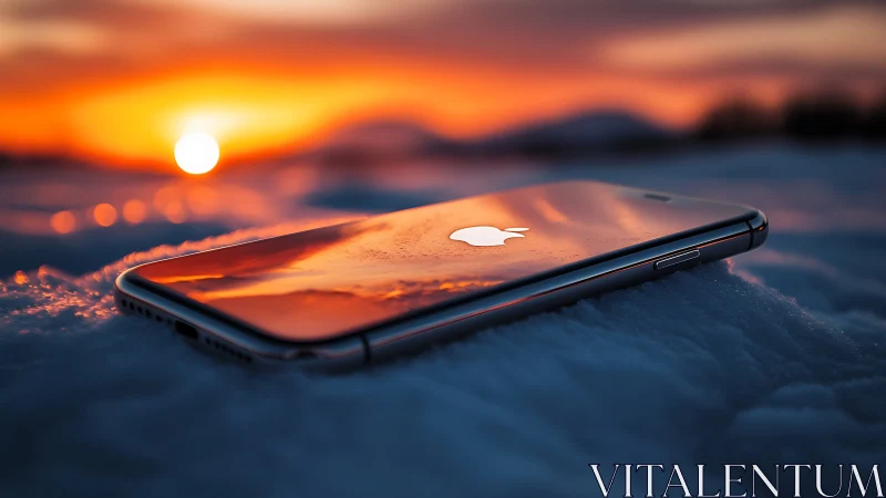Smartphone lies on snow surface reflecting vivid sunset sky