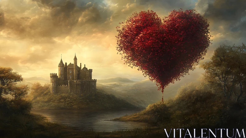Castle landscape with floating red heart tree formation above water