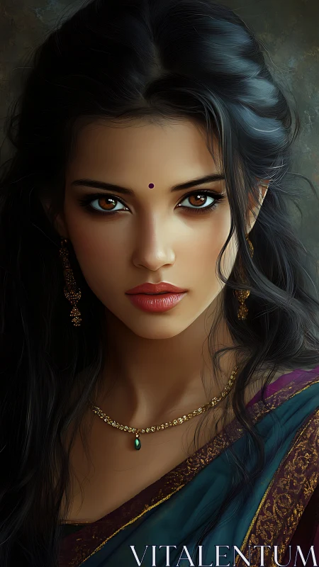 Digital portrait of woman in sari with jewelry and bindi.