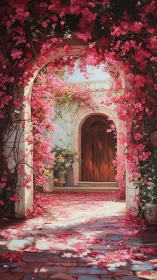 Sunlit stone archway frames a bougainvillea-covered courtyard