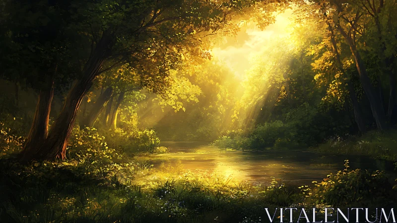 Golden forest clearing wrapped in soft, peaceful sunlight.