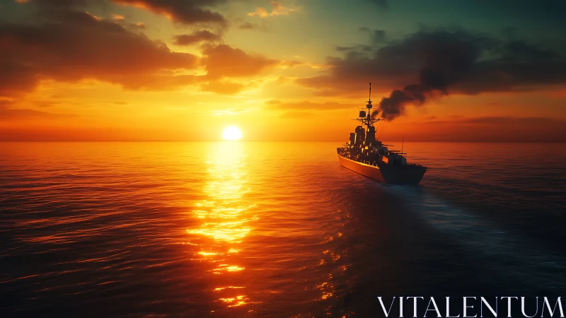 Warship silhouette at sea under cinematic sunset lighting.