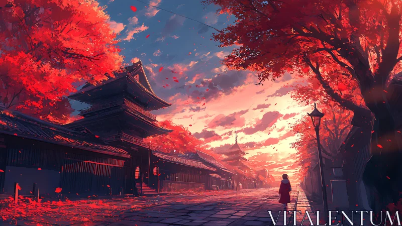 Crimson autumn street frames a quiet walk at temple dusk