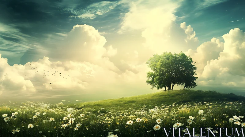 Lone hilltop tree sipping sunlight above a daisy ocean.