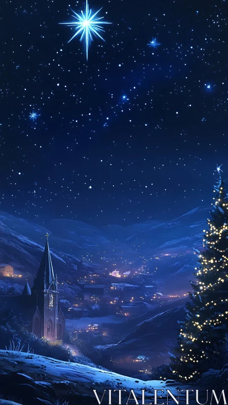 Peaceful winter village under a guiding Christmas star.