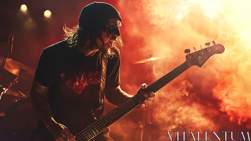 Rock bassist performing on stage in dense orange smoke.