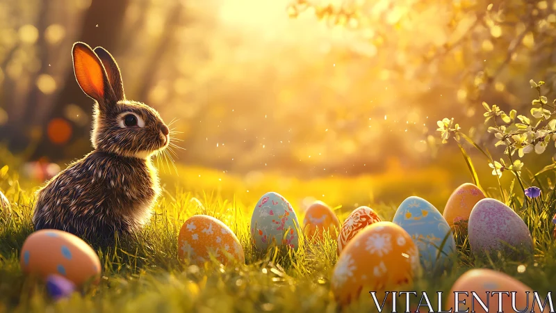 Rabbit among decorated eggs in backlit spring meadow.