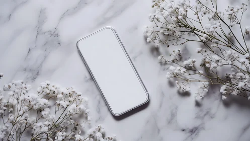 Marble Canvas Whispers: Smartphone Dreams Nestled in Botanical Grace