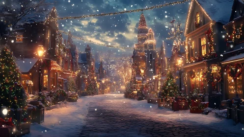 Snowlit Christmas lane twinkles under storybook winter skies.