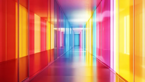 Prismatic glass corridor glows with saturated neon color.