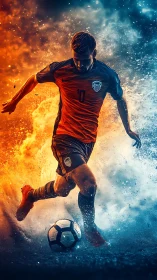 Dynamic soccer player in fiery and icy dramatic clash.