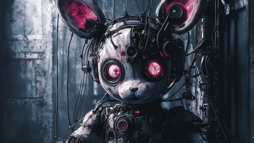 Cyborg rabbit robot with exposed wiring stands in corridor