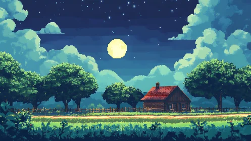 Pixel art cottage under bright full moon and stars.