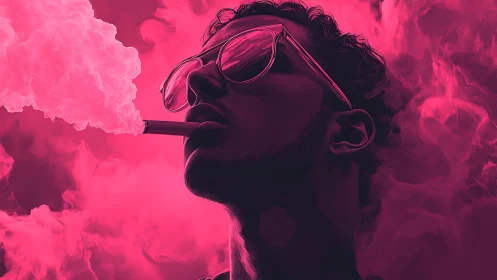 Man in sunglasses exhales thick vapor in pink tinted smoke